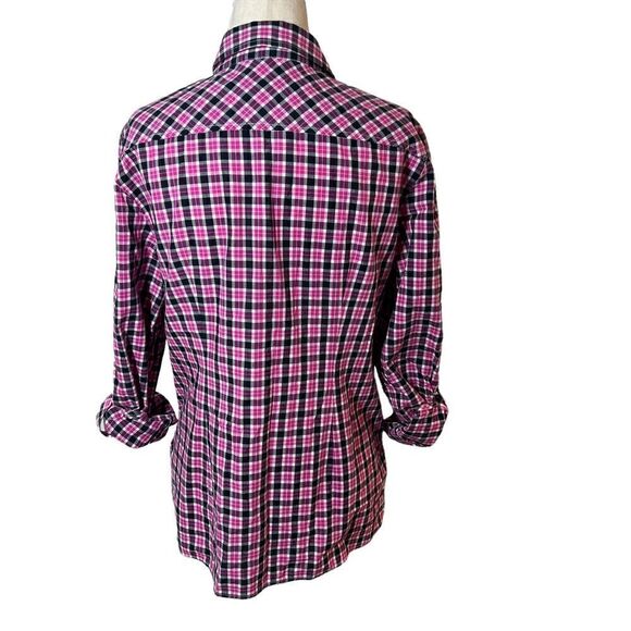 Talbots Pink + Navy Plaid Cotton Long Sleeve  Button Front Blouse Medium - Picture 4 of 8
